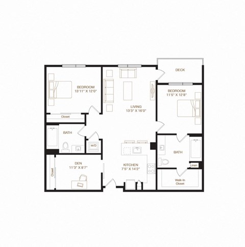 Floor plan for 2 beds, 2 baths, 1217 sqft